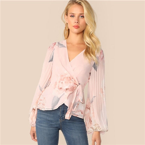 Floral Chiffon Lantern Sleeve Blouse